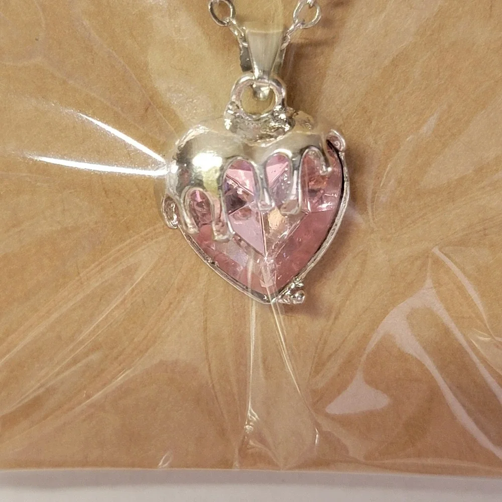 Love Melting Pink Heart Cubic Zirconia Silvertone Pendant Chain Necklace